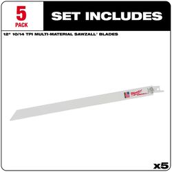 Milwaukee Sawzall 12 in. Bi-Metal Thin Kerf Reciprocating Saw Blade 10/14 TPI 5 pk