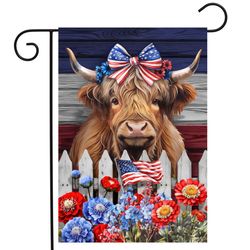Briarwood Lane Patriotic Highland Cow Garden Flag 18 in. H X 12.5 in. W X 18 in. L