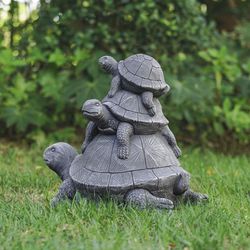 Glitzhome Fiberglass/MGO Gray 14.25 in. Stacked Turtle Garden Statue