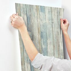 RoomMates 20.5 in. W X 16.5 in. L Distressed Wood Blue Peel and Stick Wallpaper