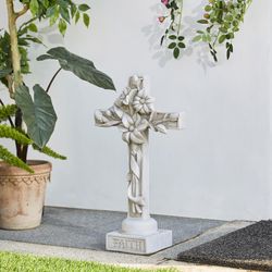 Glitzhome Fiberglass/MGO Gray 21 in. Holy Cross with Lily Garden Statue