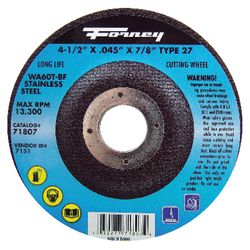 Forney 4-1/2 in. D X 7/8 in. X .045 in. thick Aluminum Oxide Metal Cut-Off Wheel 1 pc