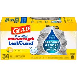 Glad LeakGuard 13 gal Lemon Kitchen Trash Bags Drawstring 34 pk