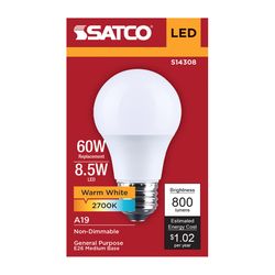 Satco A19 E26 (Medium) LED Bulb Warm White 60 Watt Equivalence 1 pk