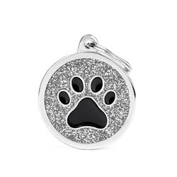 MyFamily Shine Black/Gray Glitter Circle with Paw Metal Pet Tags Large