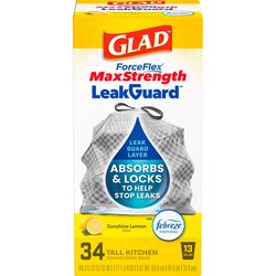 Glad LeakGuard 13 gal Lemon Kitchen Trash Bags Drawstring 34 pk