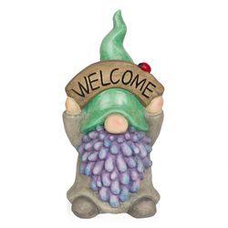 Alpine Fiberglass/MGO Multi-color 15 in. Gnome with Green Hat Holding Up Welcome Sign Statuary