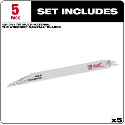 Milwaukee The Wrecker 12 in. Bi-Metal Demolition Reciprocating Saw Blade 7/11 TPI 5 pk