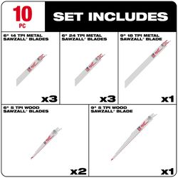 Milwaukee Sawzall 6 and 9 in. Bi-Metal Demolition Blade Set Multi TPI 10 pc