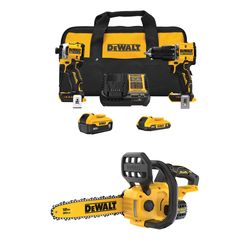 DEWALT 20V MAX Hammer Drill/Impact Kit with DEWALT 20V MAX Compact 12In Brushless Cordless Chainsaw