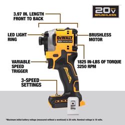 DEWALT 20V MAX ATOMIC 1/4 in. Cordless Brushless 3-Speed Impact Driver Tool Only