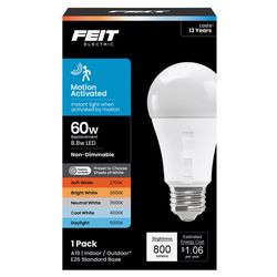 Feit A19 E26 (Medium) LED Motion Activated Bulb Adjustable White 60 Watt Equivalence 1 pk