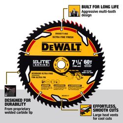 DEWALT Elite Series 7-1/4 in. D X 5/8 in. Tungsten Carbide Tipped Circular Saw Blade 60 teeth 1 pk