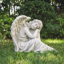 Glitzhome Fiberglass/MGO White 15 in. Sleeping Angel Garden Statue