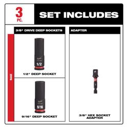 Milwaukee Shockwave 1/2 in. X 3/8 in. drive SAE 6 Point Impact Rated Deep Socket Set 3 pc