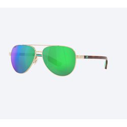 Costa Peli Sunglasses Men's Brushed Gold Frame Green Mirror 580P Lens Polarized
